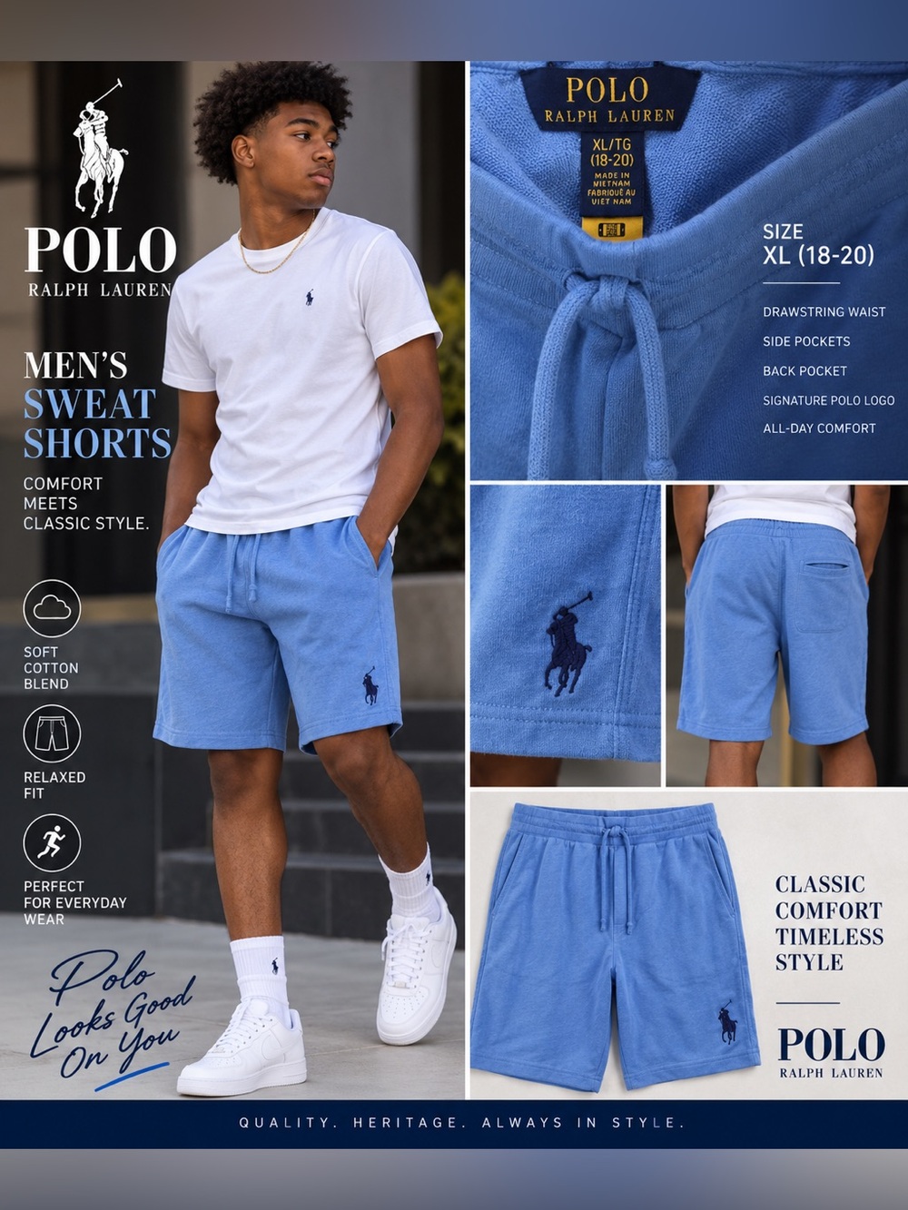 Polo by Ralph Lauren boys Blue Cotton Sweat Shorts size XL 18/20